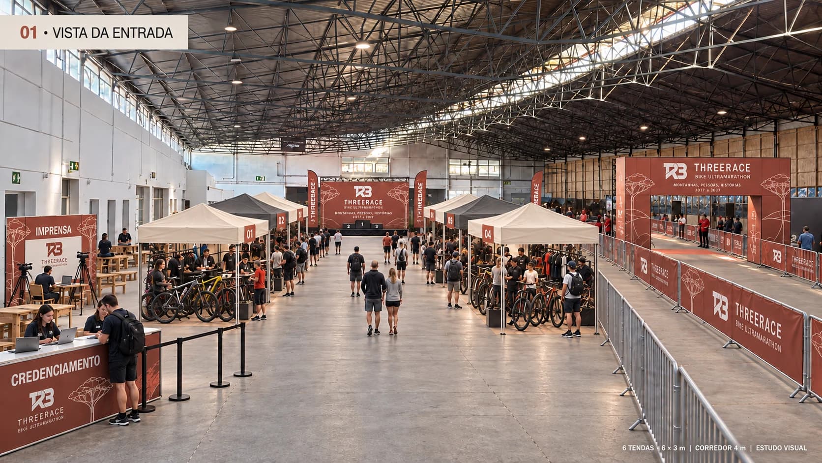 Estudo visual da Threerace Expo no Centro de Eventos, com credenciamento, estandes de bicicletas, palco e pórtico na identidade terracota e areia.