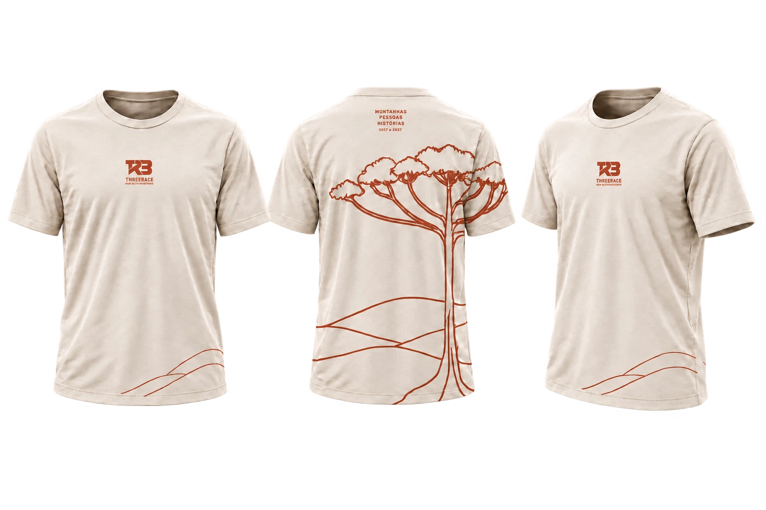 Frente, verso e perfil da camiseta areia Threerace 2027, com marca e araucária em terracota