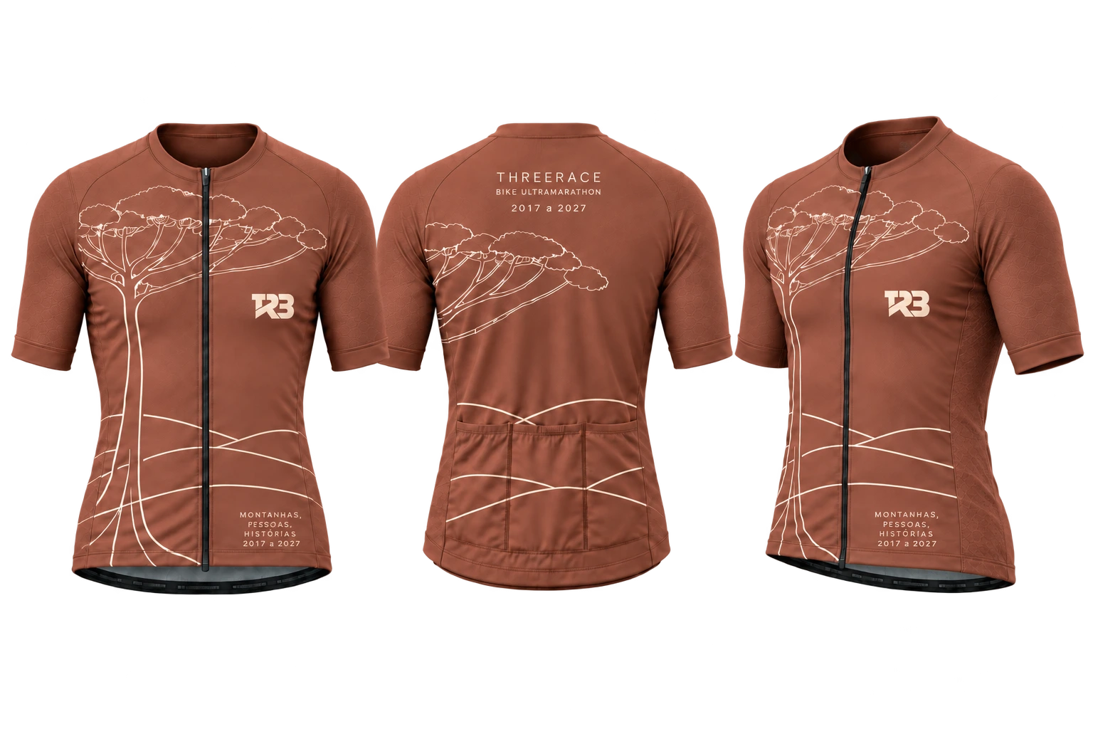 Frente, verso e perfil da jersey de ciclismo terracota Threerace 2027, com araucária em areia e bolsos traseiros